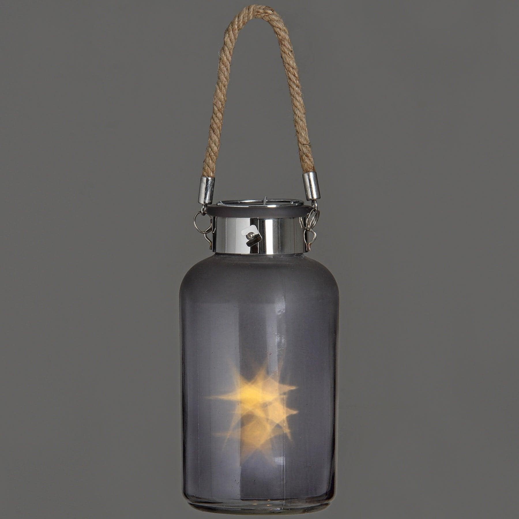 Frosted Grey Glass Lantern with Rope Detail and LED - House of Altair