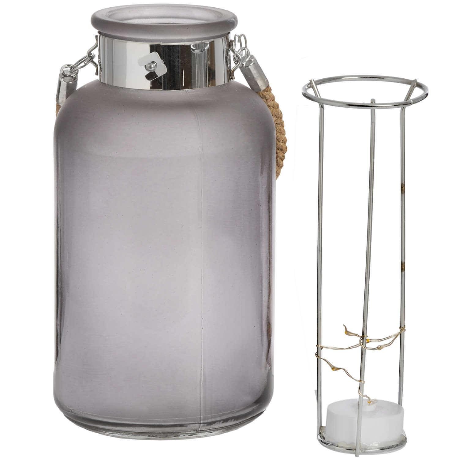 Frosted Grey Glass Lantern with Rope Detail and LED - House of Altair