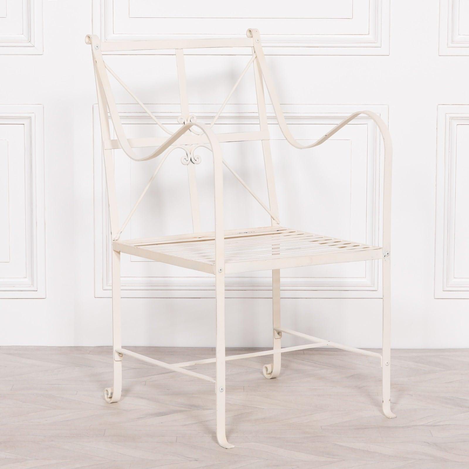 Iron Frame Off White / Cream Distressed Garden Dining Chair - House of Altair