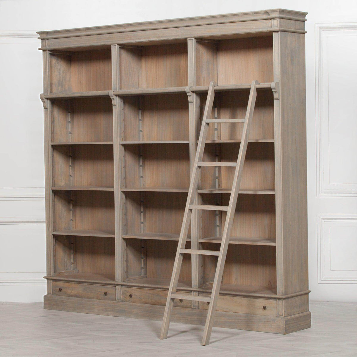 Sandringham Large Rustic Wooden Library Bookcase with Ladder 232cm Wid