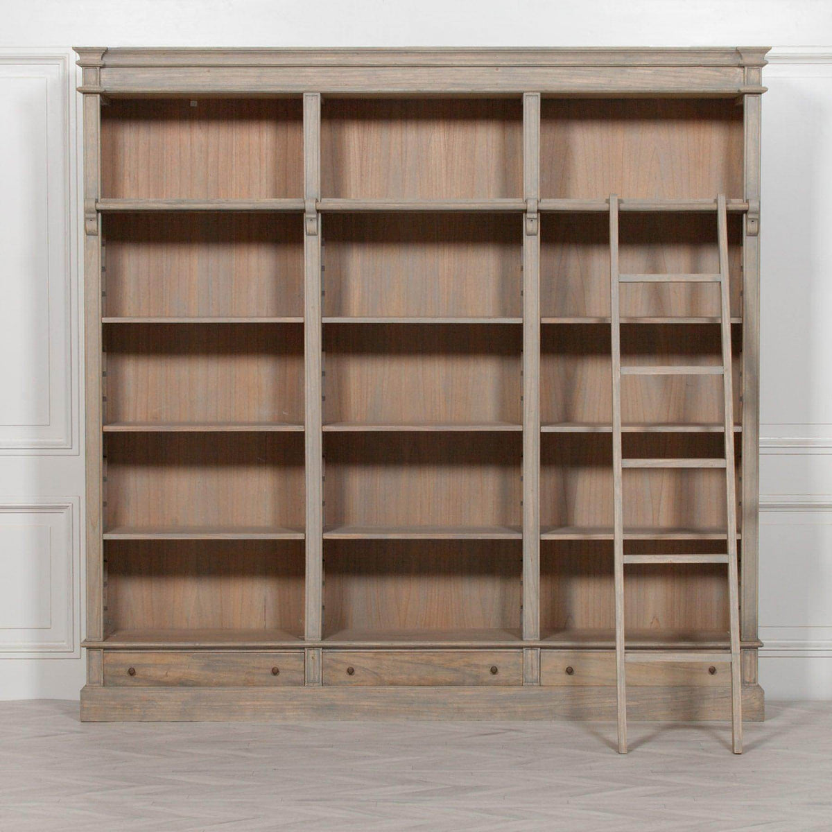 Sandringham Large Rustic Wooden Library Bookcase with Ladder 232cm Wid