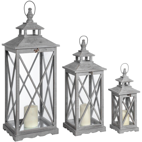 Set Of Three Wooden Lanterns With Traditional Cross Section - House of Altair
