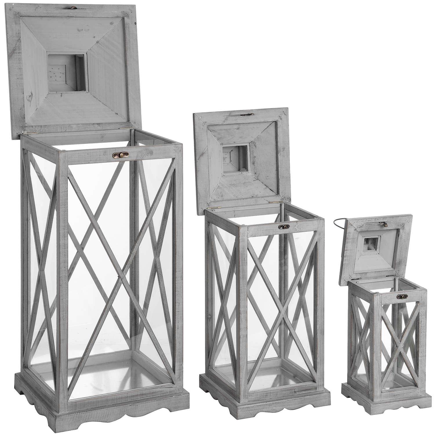 Set Of Three Wooden Lanterns With Traditional Cross Section - House of Altair