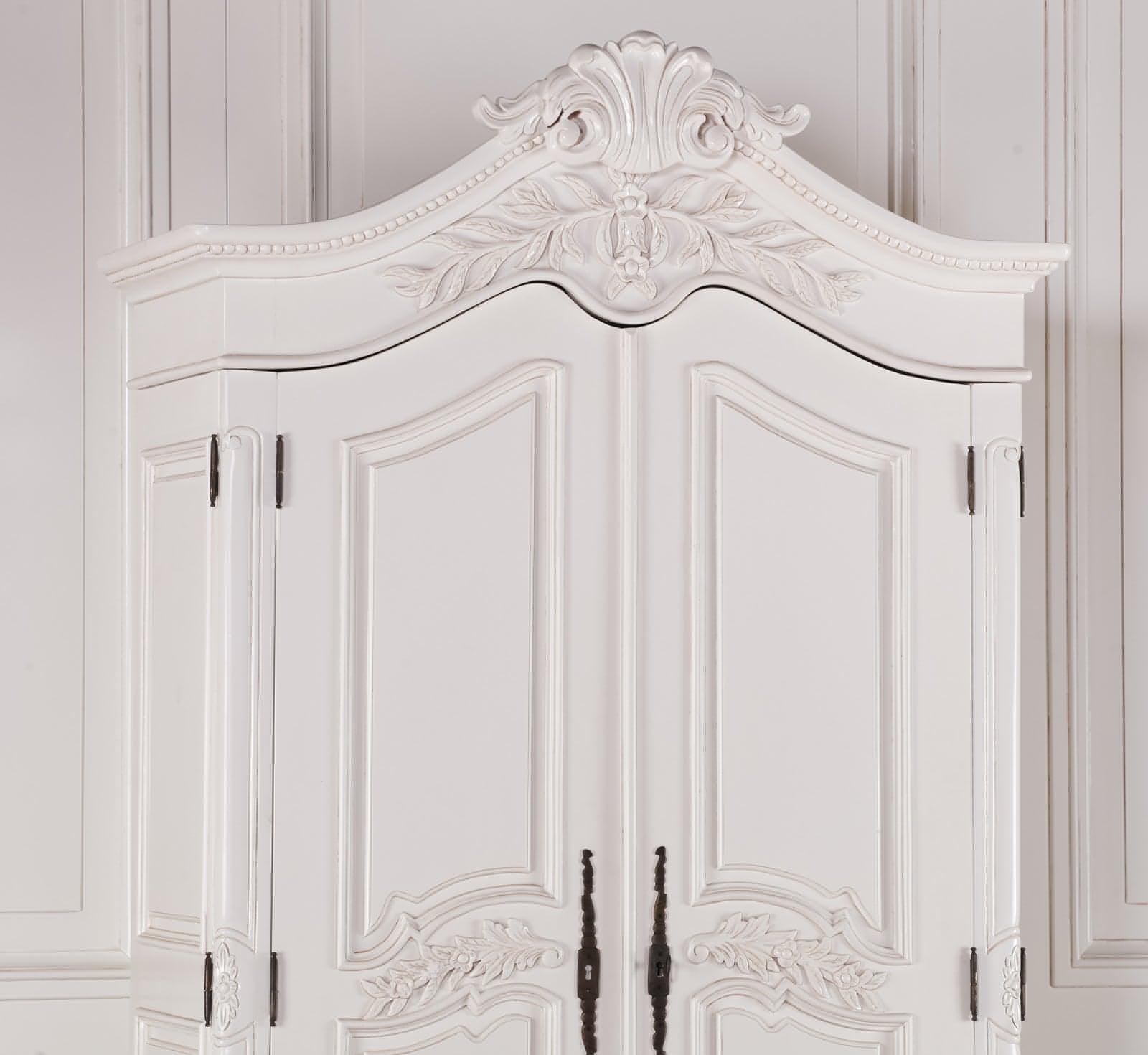 Wooden Carved French Chateau White Double Armoire - House of Altair